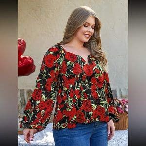 Rose print sweetheart neckline blouse